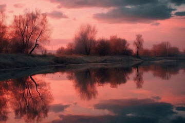 Fototapeta na wymiar A scene in which the entire pink sky is reflected in the water. AI generative