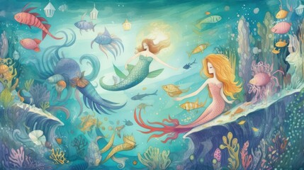 Whimsical Underwater World Inhabited Mermaids