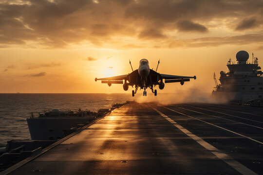 Fighter landing on aircraft carrier in sunset. AI Generative