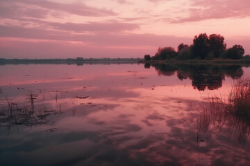 A scene in which the entire pink sky is reflected in the water. AI generative