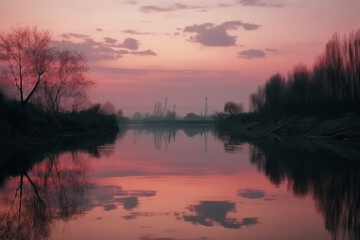 A scene in which the entire pink sky is reflected in the water. AI generative