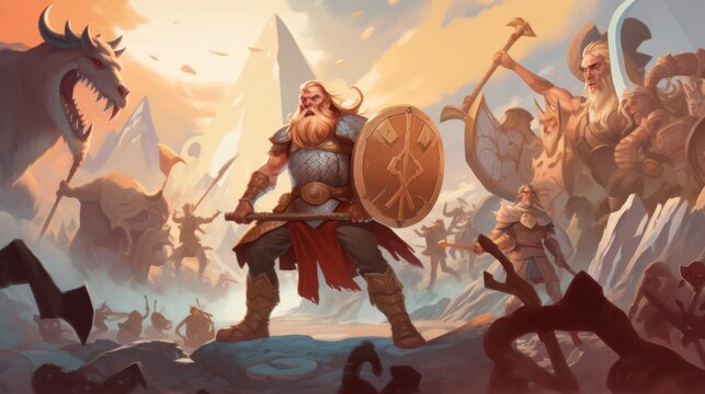 World inspired by Norse mythology, with fierce Vikings, epic battles, and divine creatures