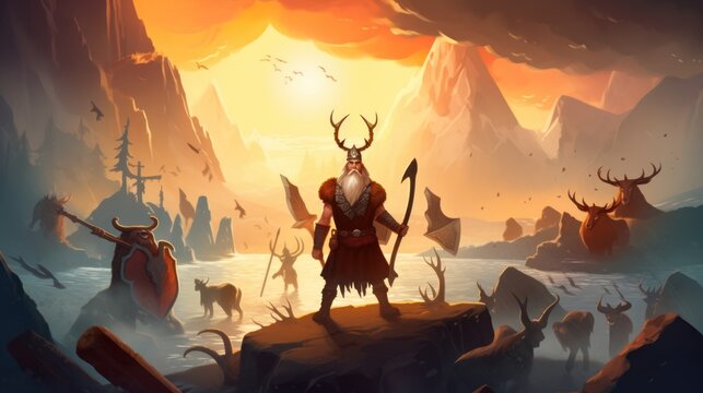 World inspired by Norse mythology, with fierce Vikings, epic battles, and divine creatures