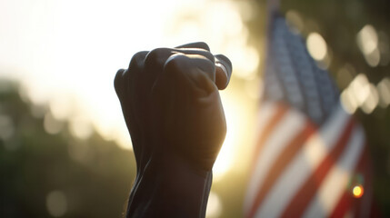 Fototapeta na wymiar civil rights, equality and power concept - african american man hand showing fist over USA flag background. 