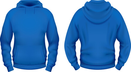 Template of blank blue hoodie with pocket. Front and back views. Vector illustration. - obrazy, fototapety, plakaty