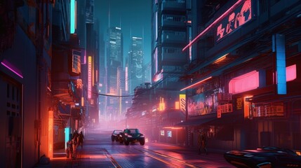 Design a cyberpunk city with neon lights, towering skyscrapers, and gritty alleyways