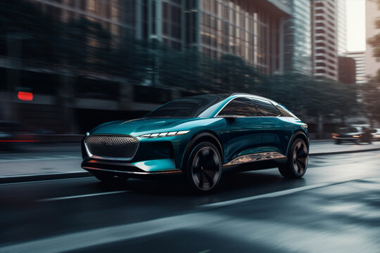 Futuristic electric vehicle crossover SUV in city street, motion blur. AI generative.