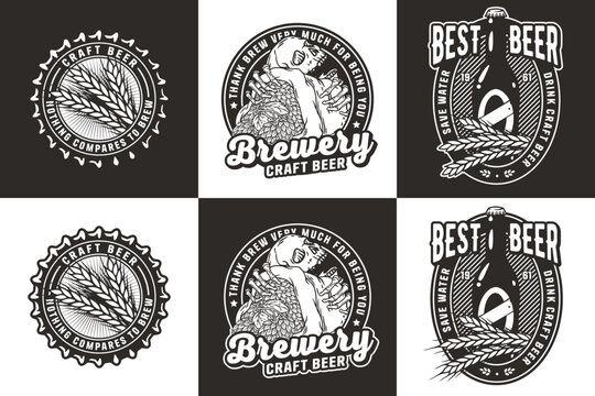 Beer set of emblems with skull and beer cap. Skeleton with hop bag in bone hands, bottle and barley for brewery or bar. Craft beer vector logo for pub and store