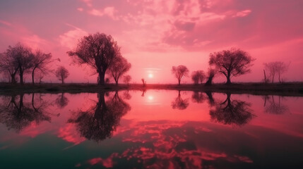 Naklejka na ściany i meble A scene in which the entire pink sky is reflected in the water. AI generative