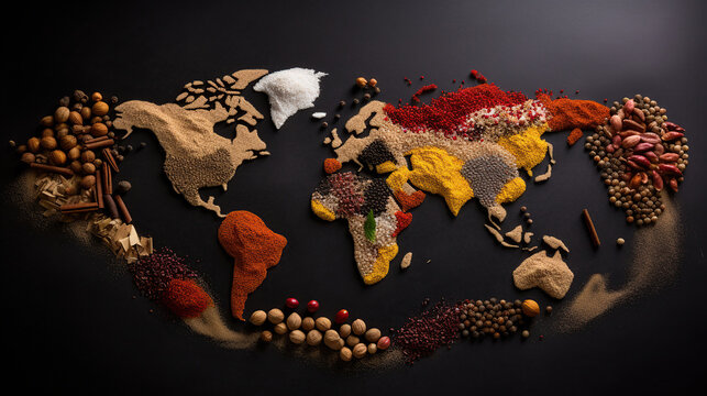 World map made of different spices on grey background, Top View, generative ai