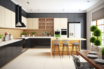 Luxury stylish modern large kitchen interior with furniture and kitchen utensils in an apartment home.