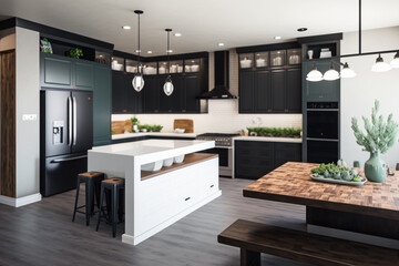 Luxury stylish modern large kitchen interior with furniture and kitchen utensils in an apartment home.