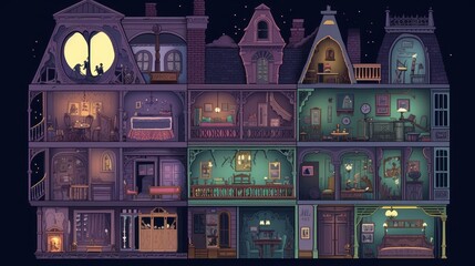 Haunted mansion with hidden rooms, ghostly apparitions, and supernatural puzzles to solve