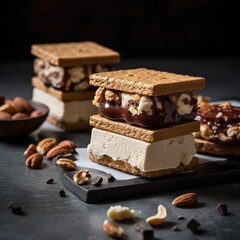 sandwich ice cream with raisins, nuts and pieces of fruit and chocolate on a board on a dark background. Generative AI