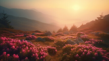 Fototapeta na wymiar Breathtaking nature scenery during sunset. Scenic image of fairy-tale highland in sunlit. Incredible foggy morning in mountains with amazing pink rhododenndron flovers, generative ai