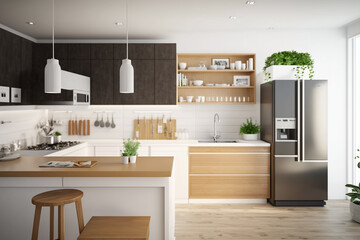 Luxury stylish modern large kitchen interior with furniture and kitchen utensils in an apartment home.