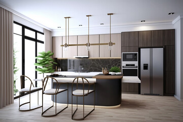 Luxury stylish modern large kitchen interior with furniture and kitchen utensils in an apartment home.