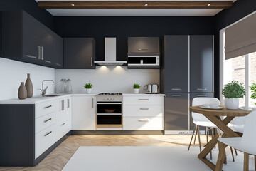 Luxury stylish modern large kitchen interior with furniture and kitchen utensils in an apartment home.