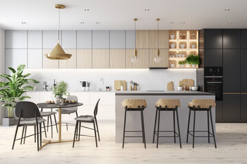 Luxury stylish modern large kitchen interior with furniture and kitchen utensils in an apartment home.