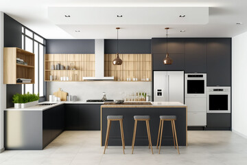 Luxury stylish modern large kitchen interior with furniture and kitchen utensils in an apartment home.