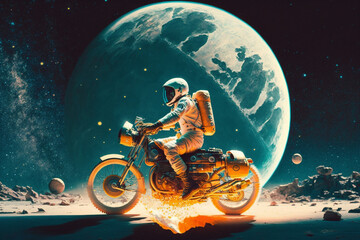 Obraz na płótnie Canvas man in space suit on motorcycle in outer space made with generative ai