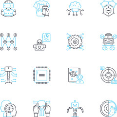 Cybernetics engineering linear icons set. Robotics, Automation, Machine learning, Nanotechnology, Augmentation, Cyborgs, Neural nerks line vector and concept signs. Bioengineering,Human-machine