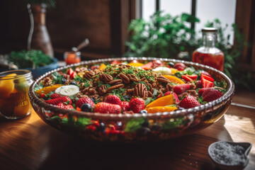 A colorful salad of mixed greens, sliced strawberries, and nuts served in a bowl on a wooden table with a glass of orange juice on the side. Generative Ai
