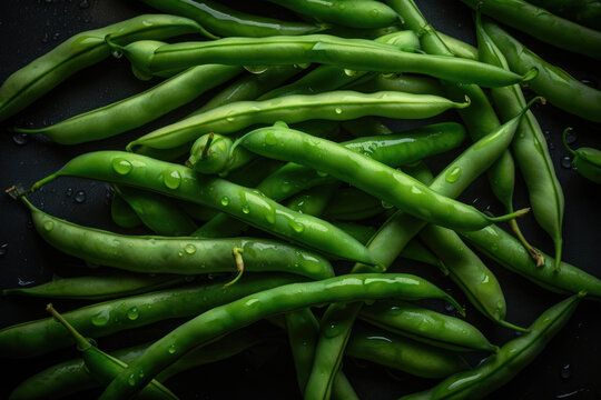 Green Beans, seamless background, visible drops of water. Generative AI