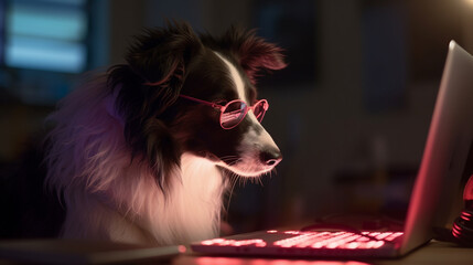 Generative Ai image of a border collie looking at a laptop - obrazy, fototapety, plakaty