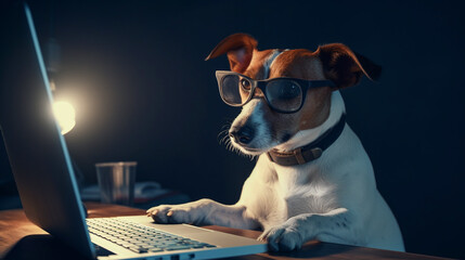 Generative Ai image of a jack russell terrier looking at a laptop - obrazy, fototapety, plakaty