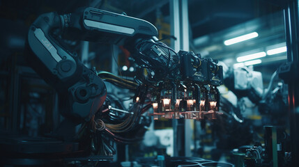 Fototapeta premium Future technology for mechanized industry robot arm control, generative ai