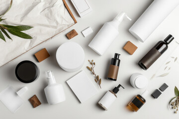 Minimalist corporate identity, and product packaging mockups for a natural cosmetics business. Generative AI - obrazy, fototapety, plakaty
