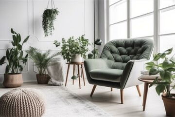 Scandinavian living room with armchair, sofa, plants and white wall. Modern furniture design. Copy space. Generative AI