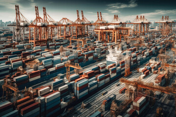 Fototapeta na wymiar Shipyard full of shipping containers and cranes. Generative AI
