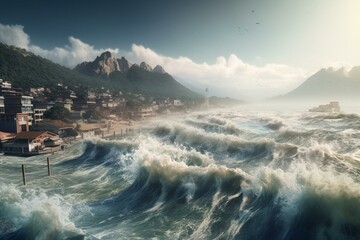 A massive tsunami wave destroys a city in this 3D illustration. Generative AI - obrazy, fototapety, plakaty