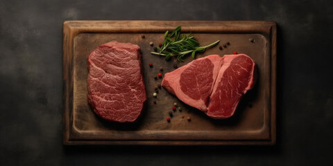 Raw steak on a big slate, top right.