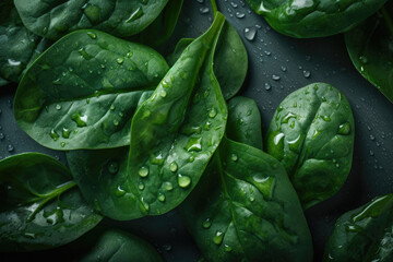 Fototapeta premium Top view on fresh organic spinach leaves. Healthy green food and vegan background. Generative AI