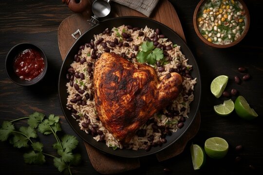 Grilled Chicken With Rice And Beans. Top View. Generative AI