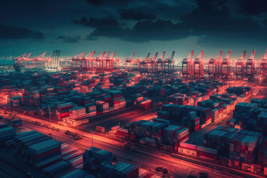 Shipyard full of shipping containers and cranes, trade logistics global transport concept, global economy. Generative AI