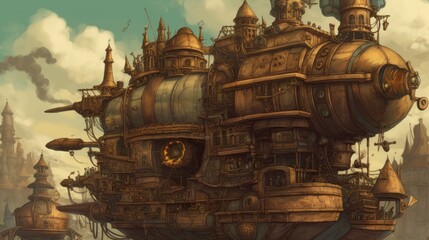 Plakat Steampunk city with steam powered machinery, clockwork automatons, and airships