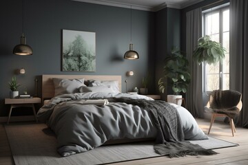 3D rendered Scandinavian bedroom in grey color scheme. Generative AI
