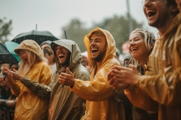 Beautiful young people dancing in the rain on a summer festival Generative AI