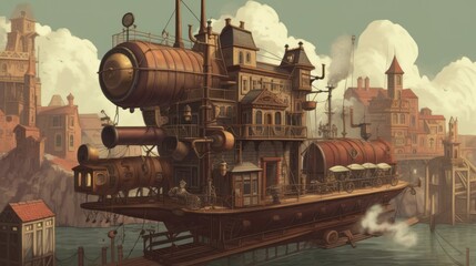 Plakat Steampunk city with steam powered machinery, clockwork automatons, and airships