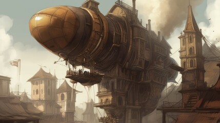 Steampunk city with steam powered machinery, clockwork automatons, and airships