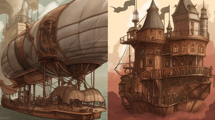 Steampunk city with steam powered machinery, clockwork automatons, and airships