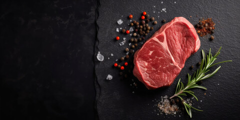 Big slate background with raw steak on bottom right.