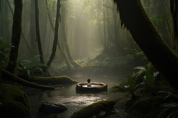 A person is seen enjoying a relaxing soak in a natural hot spring surrounded by beautiful scenery. Generative Ai