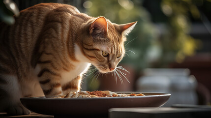 Feeding food to hungry chubby lovely cat or pet and stand up to waiting, generative ai