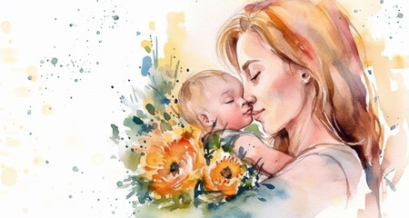Obraz na płótnie Canvas Mothers Day banner with mother and her child, watercolor Style . Generative AI