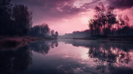 A scene in which the entire purple sky is reflected in the water. AI generative